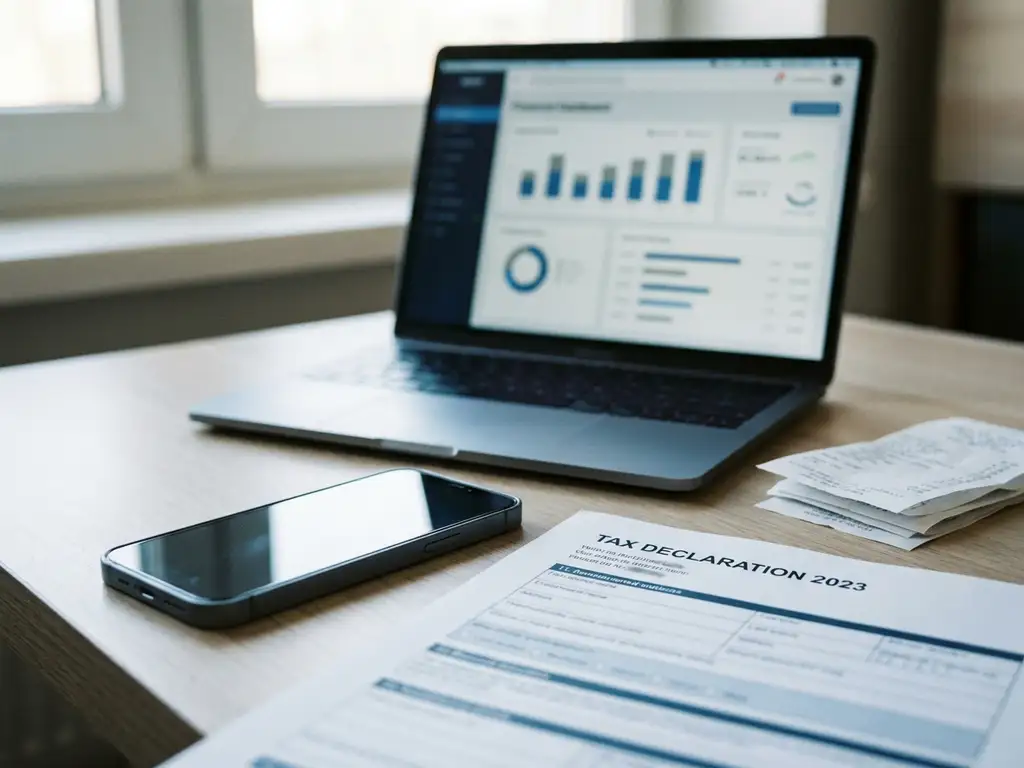 Smartphone op bureau naast belastingaangifte en bonnetjes, met laptop op financieel dashboard op de achtergrond.