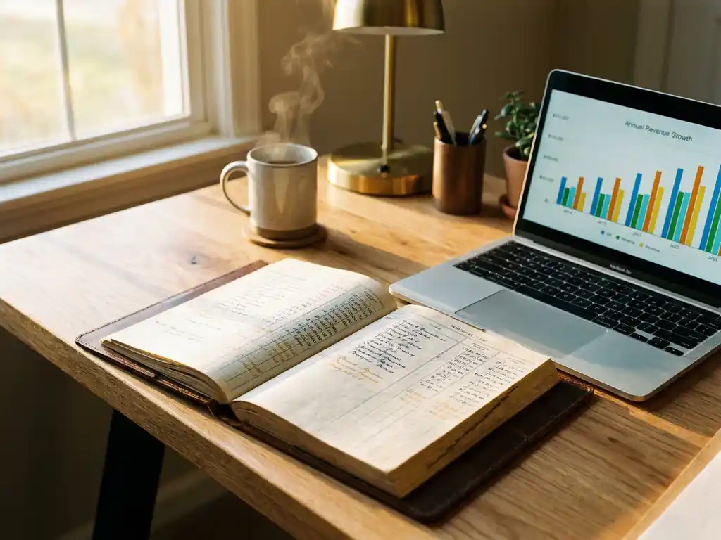 Accountantsbureau met twee opengeslagen financiële grootboeken, laptop met staafdiagrammen voor omzetgroei en dampende koffiemok in warm ochtendlicht.