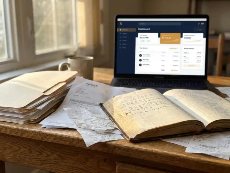 Houten bureau van een kleine ondernemer met opengeslagen kasboek, facturen uit een manila map en laptop met financieel dashboard op de achtergrond.
