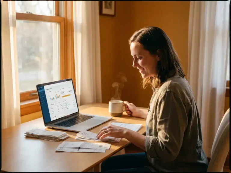 Ondernemer ordent bonnen en facturen naast laptop met financieel dashboard op houten bureau, warm ochtendlicht.
