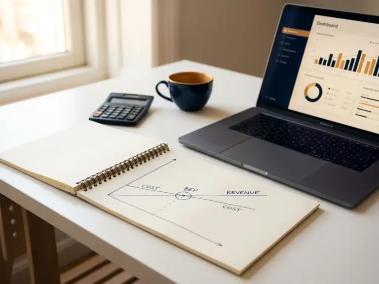 Notitieboek met handgetekende kosten- en omzetlijnen op kruispunt, naast laptop met financieel dashboard en koffie op wit bureau.