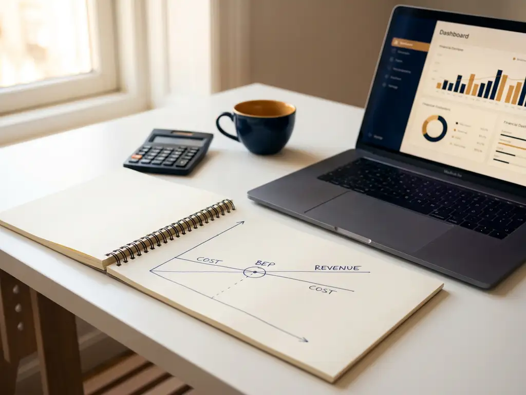 Notitieboek met handgetekende kosten- en omzetlijnen op kruispunt, naast laptop met financieel dashboard en koffie op wit bureau.