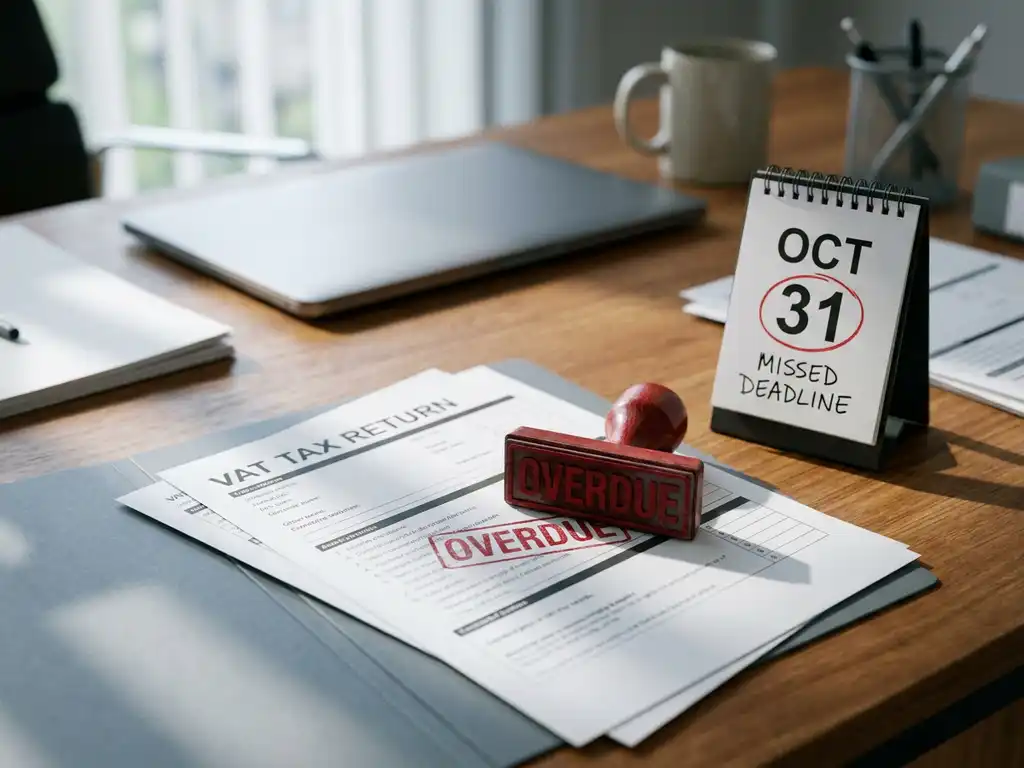 Rode OVERDUE-stempel op een btw-aangifte naast een bureaukalender met gemiste deadline, op een modern houten bureau.