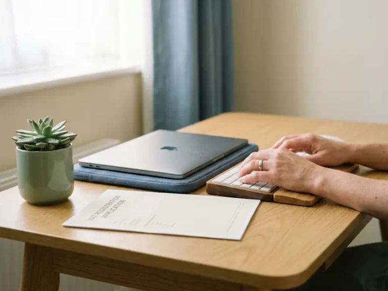 Ondernemer rust handen bij laptop op houten bureau met btw-registratiedocument en kleine vetplant in ochtendlicht.