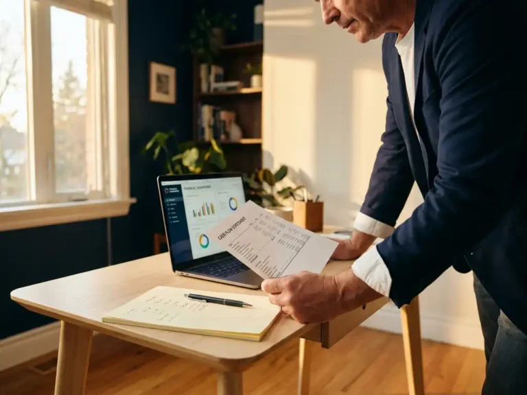 Ondernemer bestudeert cashflowrapport en financieel dashboard op laptop aan modern bureau in warm avondlicht.