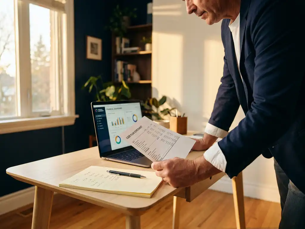 Ondernemer bestudeert cashflowrapport en financieel dashboard op laptop aan modern bureau in warm avondlicht.