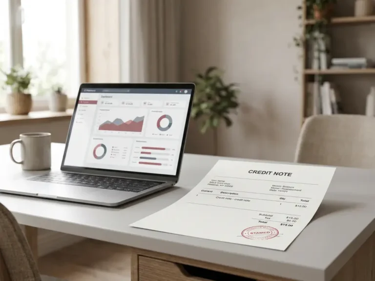 Creditnota op modern bureau naast laptop met financieel dashboard, rode stempel gedeeltelijk op papier gedrukt, kantooromgeving met natuurlijk licht.
