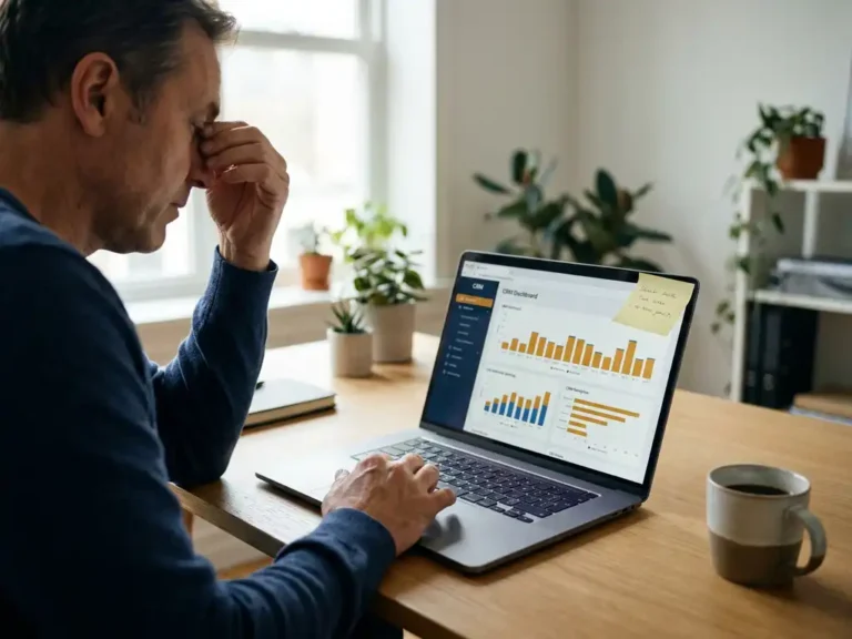 Ondernemer bestudeert CRM-dashboard op laptop aan modern bureau, met geeltje op scherm en afgekoelde koffie op de achtergrond.