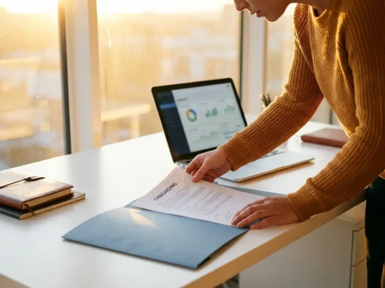 Ondernemer legt ondertekend arbeidscontract op bureau naast onboardingmap, laptop met HR-dashboard op achtergrond, warm kantoorlicht.