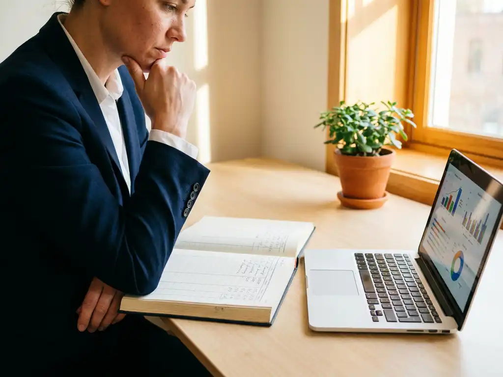 Ondernemer bekijkt financieel grootboek aan modern bureau met laptop met dashboardgrafieken en groeiende kamerplant in warm middaglicht.