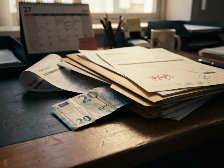 Verfrommeld eurobiljet half bedolven onder projectmappen en urenstaten op een bureau, met een rood gemarkeerde factuur bovenop.