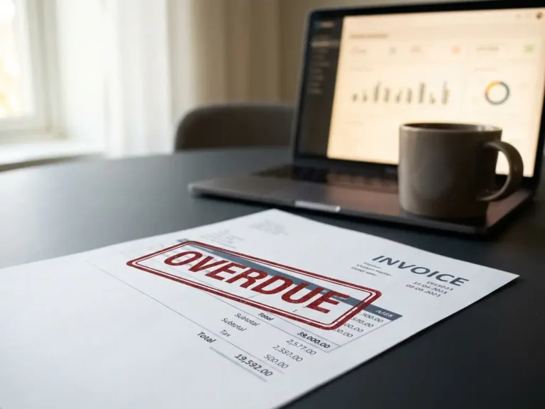 Papieren factuur met rood 'overdue'-stempel op modern bureau, laptop met dashboard en koffiekopje op de achtergrond.