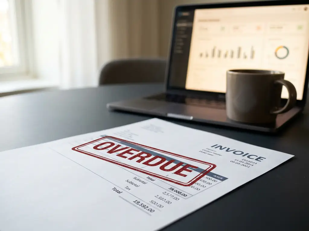Papieren factuur met rood 'overdue'-stempel op modern bureau, laptop met dashboard en koffiekopje op de achtergrond.
