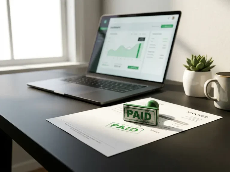 Factuur met groen 'betaald'-stempel op modern bureau, laptop met financieel dashboard en succulent op de achtergrond.