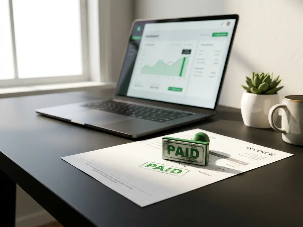 Factuur met groen 'betaald'-stempel op modern bureau, laptop met financieel dashboard en succulent op de achtergrond.