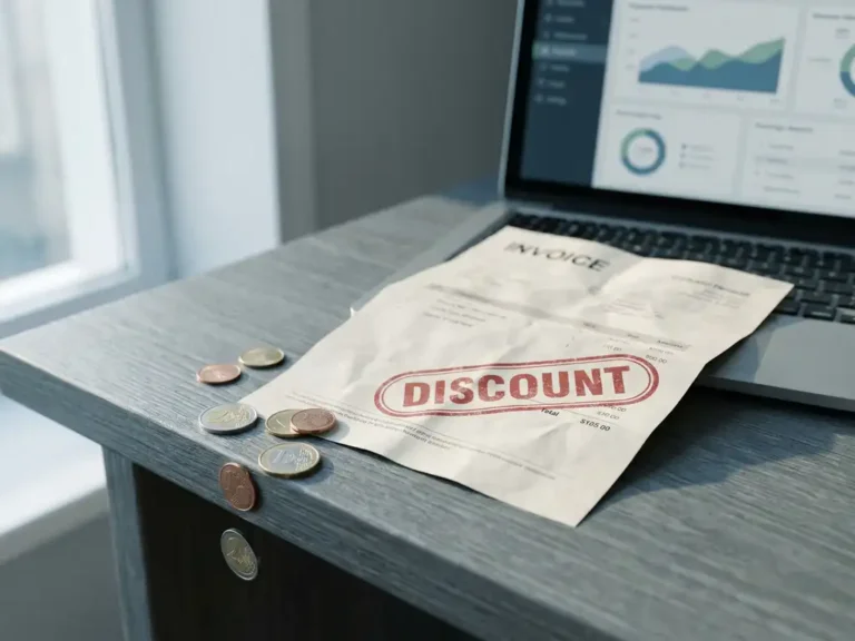 Verfrommelde papieren factuur met rood kortingsstempel naast laptop met financieel dashboard en euromunten op modern bureau.