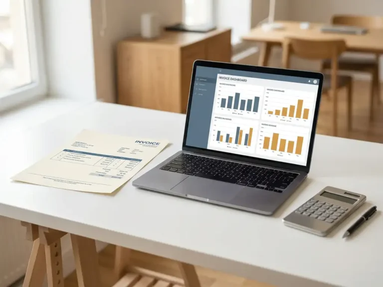 Gedrukte factuur op wit bureau naast laptop met digitaal facturatiescherm, rekenmachine en pen, natuurlijk zijlicht, professionele kantooromgeving.