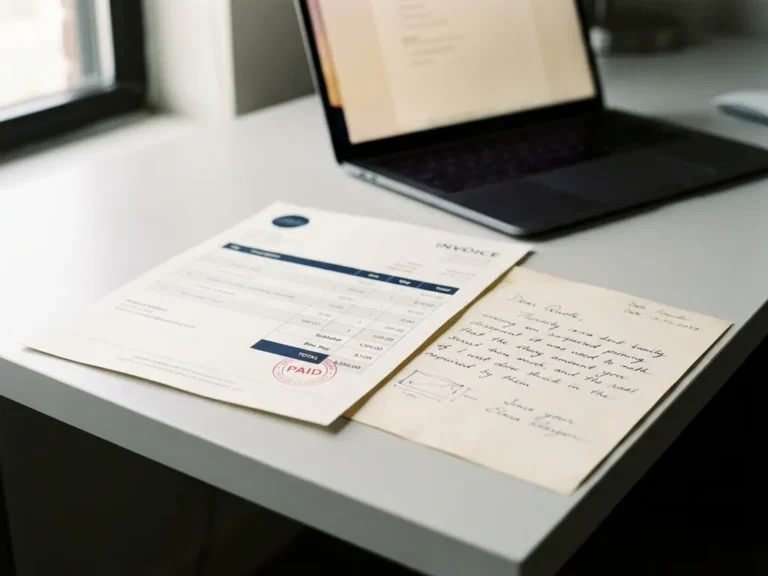Gedrukte factuur en handgeschreven offerte naast elkaar op modern bureau, één voorzien van betaalstempel, laptop op achtergrond.