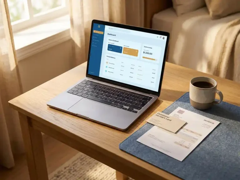 Opgeruimd modern bureau met laptop met financieel dashboard, klantkaart, factuur en koffiekopje in warm amberkleurig licht.
