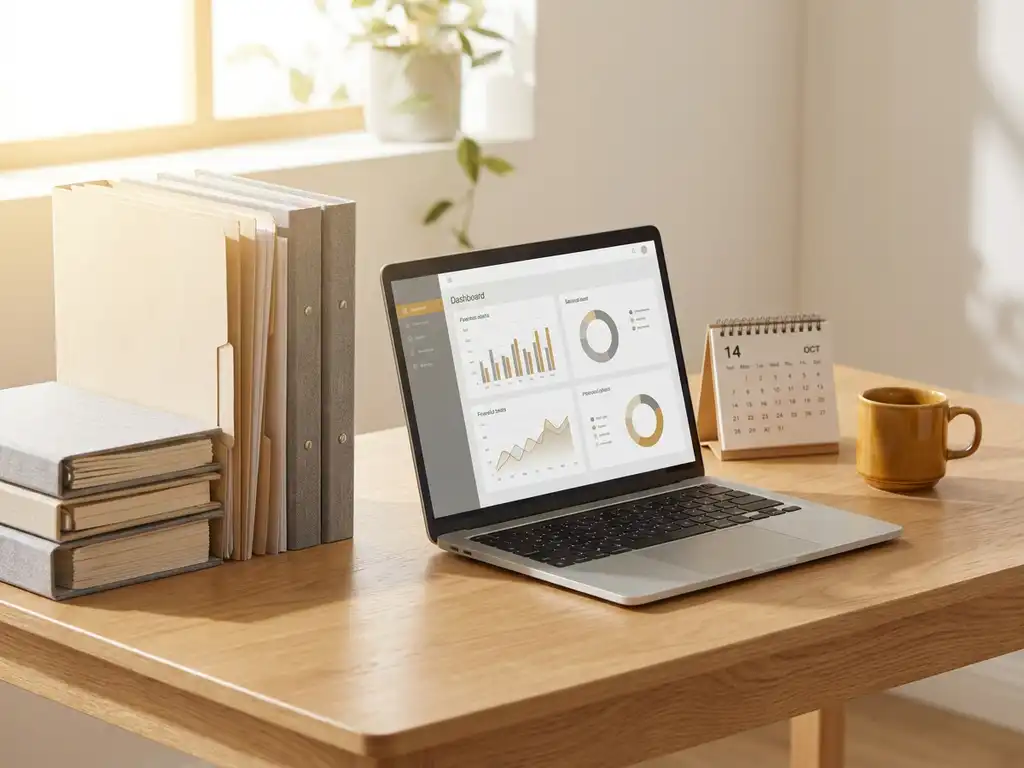 Stapel papieren mappen naast een open laptop met financieel dashboard op een licht eiken bureau, met koffiekopje en bureaukalender in warm ochtendlicht.