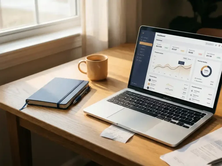 Laptop met financieel dashboard op thuiskantoorbureau, naast notitieboek, koffiemok en kassabon, warm ochtendlicht.