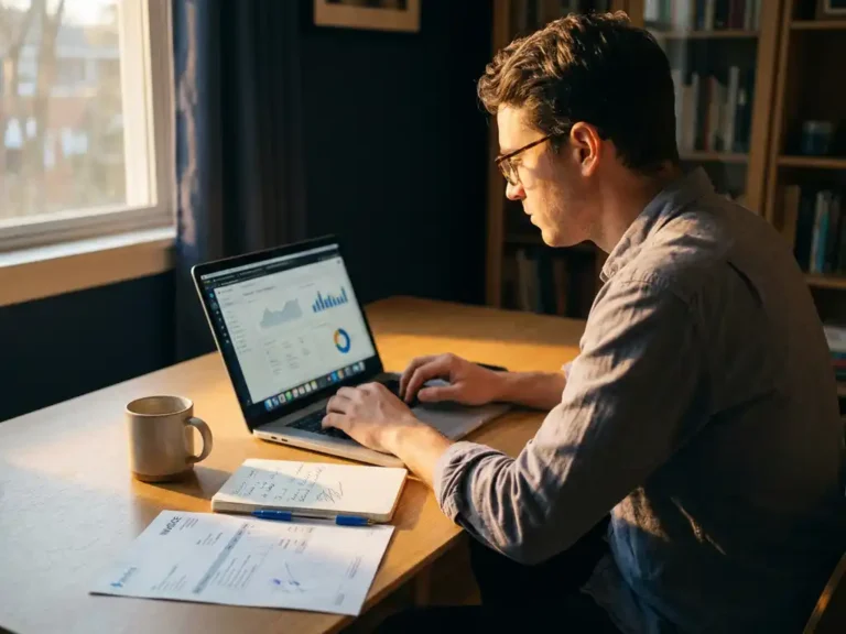 Ondernemer bestudeert financieel dashboard op laptop aan bureau met facturen, aantekeningen en koffie in warm goudkleurig licht.