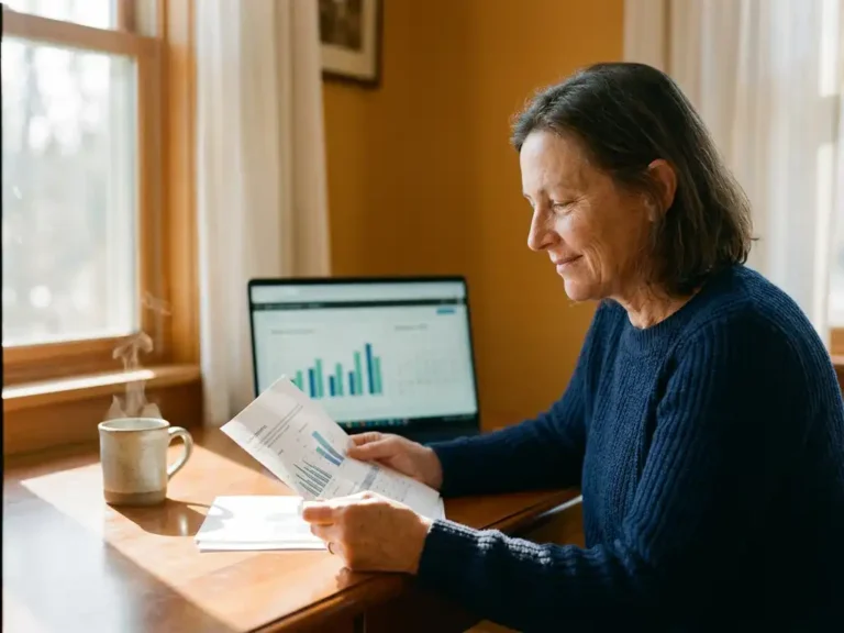 Ondernemer bekijkt financieel rapport aan houten bureau met laptop, koffie en warm ochtendlicht op de achtergrond.