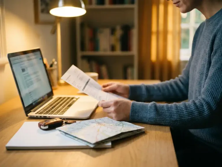 Freelancer bestudeert gedrukte factuur aan modern bureau met autosleutel, wegenkaart en open laptop in warm verlicht thuiskantoor.