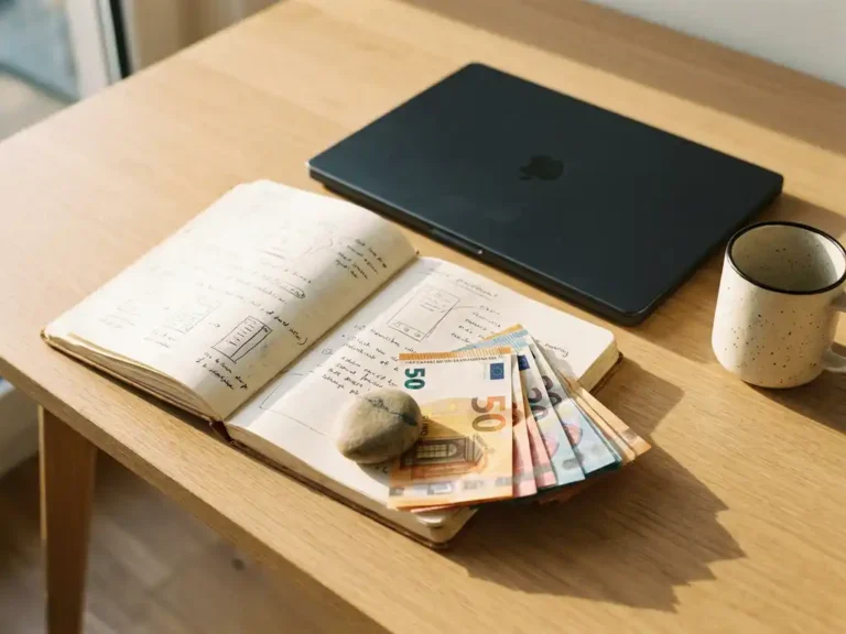 Opengeslagen notitieboek en laptop op minimalistisch bureau met eurobiljetten, koffiemok en warm middaglicht.