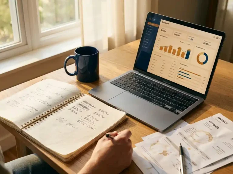 Opengeslagen notitieboek met uurtariefberekeningen naast laptop met financieel dashboard, koffiemok en facturen op houten bureau.