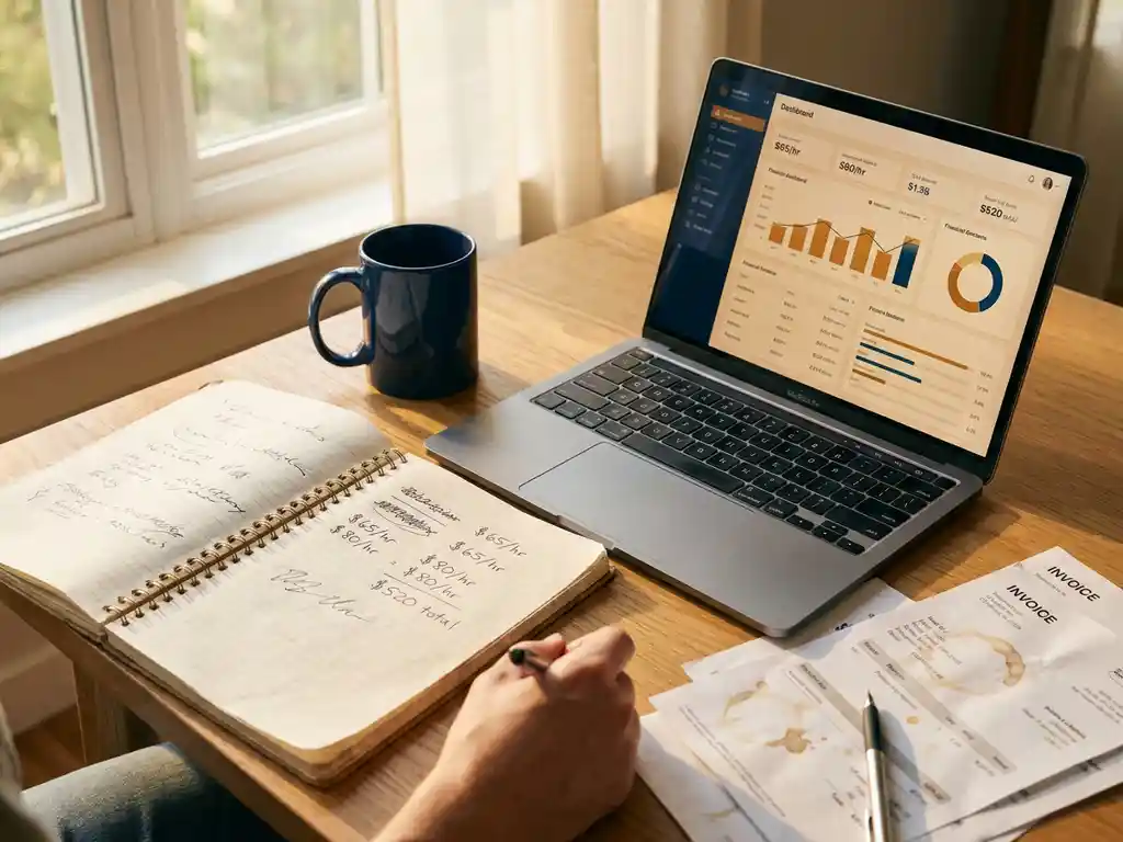 Opengeslagen notitieboek met uurtariefberekeningen naast laptop met financieel dashboard, koffiemok en facturen op houten bureau.