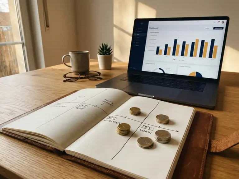 Eiken bureau met open planner, euromunten op toekomstige maanden en laptop met financieel dashboard op de achtergrond.