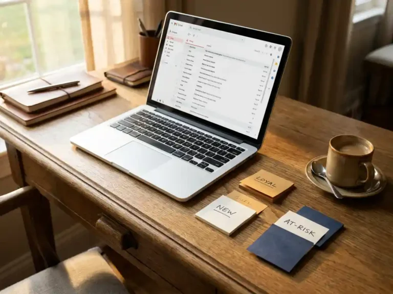 Eiken bureau met open laptop met e-mailinterface, gekleurde sticky notes als klantensegmenten naast toetsenbord en dampende koffie in warm ochtendlicht.