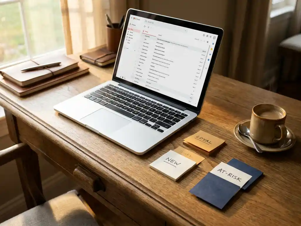Eiken bureau met open laptop met e-mailinterface, gekleurde sticky notes als klantensegmenten naast toetsenbord en dampende koffie in warm ochtendlicht.