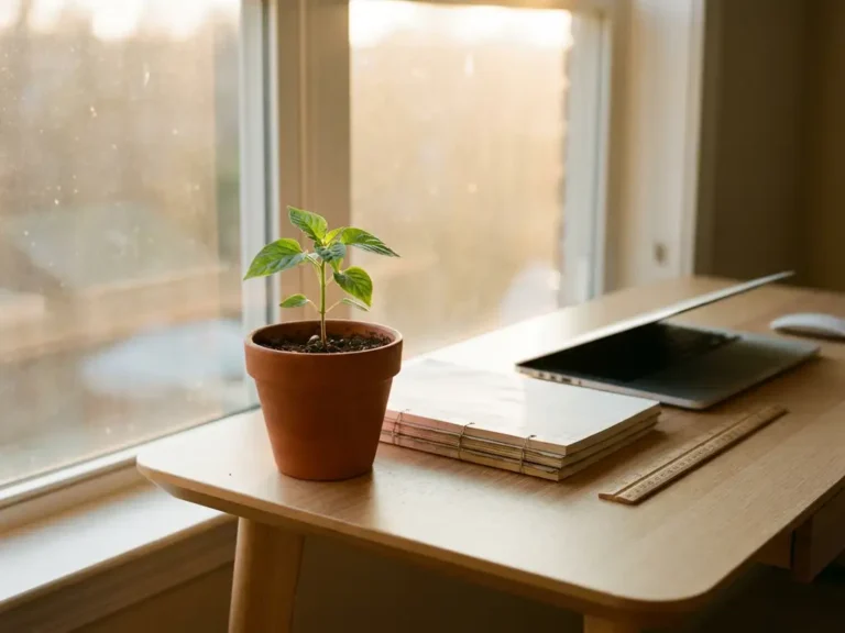 Groen zaailing in terracotta pot op modern bureau met laptop en kasboek, warm ochtendlicht, zakelijke groei symboliek.