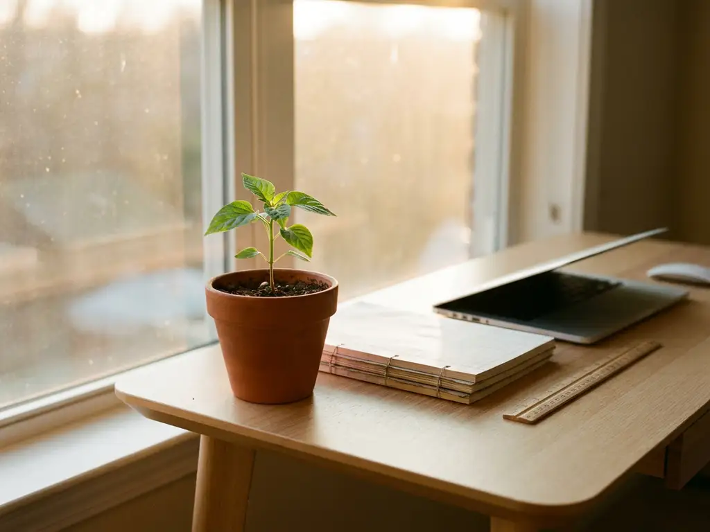 Groen zaailing in terracotta pot op modern bureau met laptop en kasboek, warm ochtendlicht, zakelijke groei symboliek.