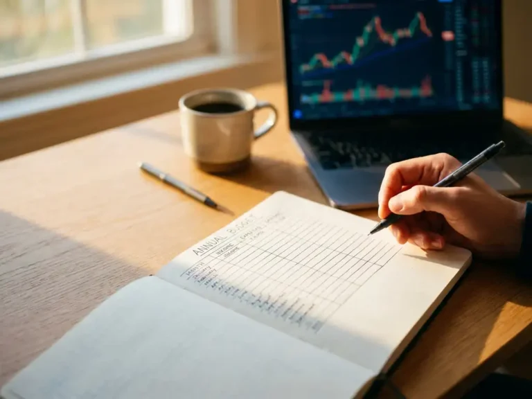 Opengeslagen notitieboek met handgetekend jaarbudgetraster op eiken bureau, laptop met financieel dashboard, koffie en pen in warm ochtendlicht.