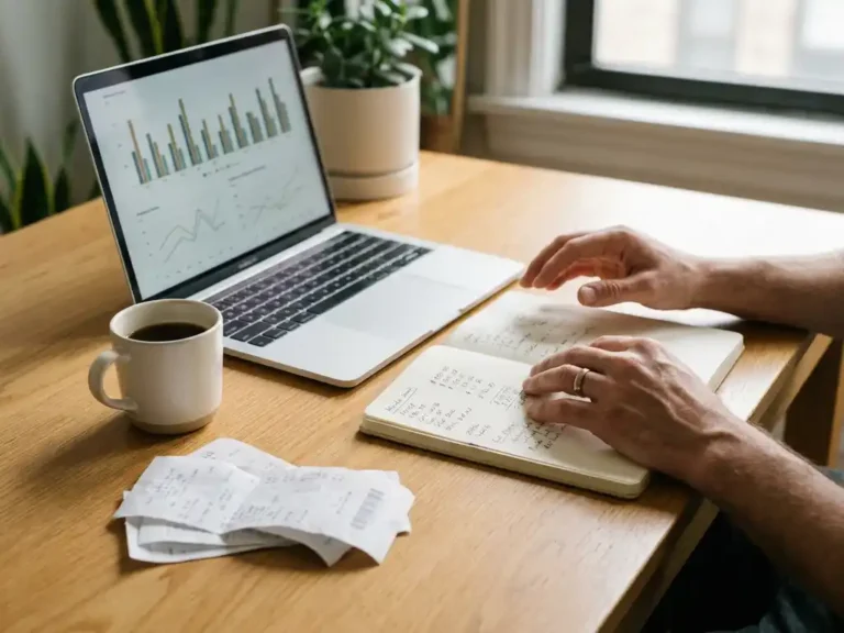 Handen van een ondernemer boven een notitieboek met cashflowcijfers, laptop met financiële grafieken en bonnetjes op een houten bureau.