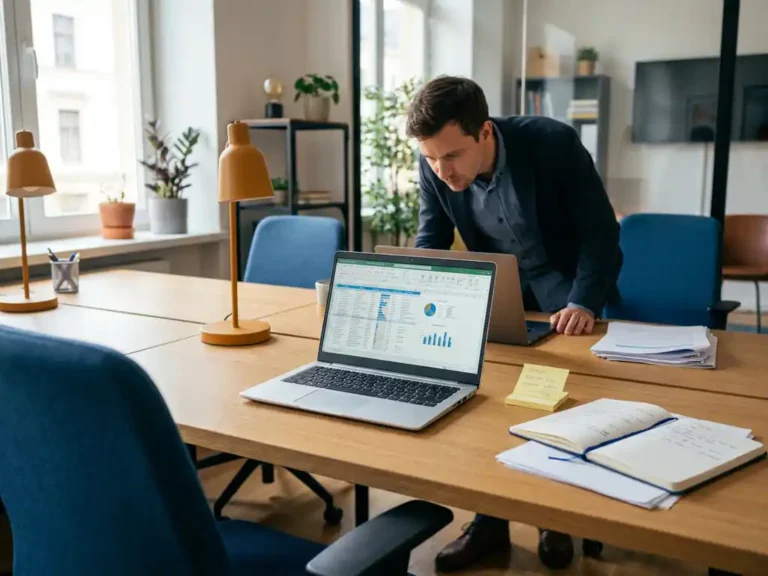 Medewerker bekijkt klantdossier op laptop van afwezige collega, met sticky notes en handgeschreven aantekeningen op gedeeld bureau in modern kantoor.