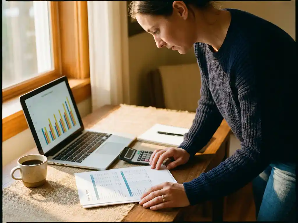 Ondernemer analyseert financieel rapport naast laptop met omzetgrafieken, calculator en koffie op modern bureau in warm goudlicht.