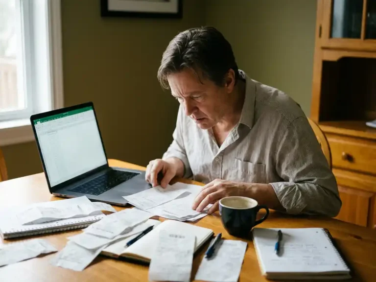 Ondernemer buigt zich over bureau met handgeschreven uitgavennota's en laptop met spreadsheet, koude koffie op de achtergrond.