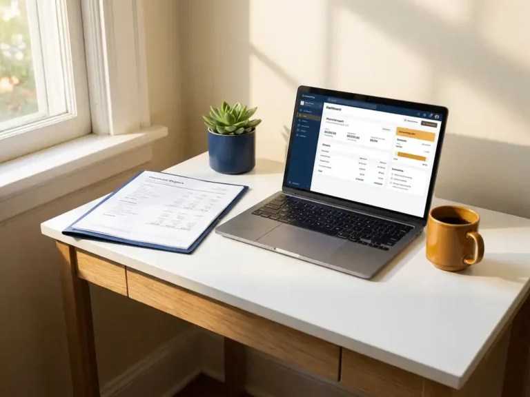 Nette thuiswerkplek met kwartaalrapport, laptop met boekhouddashboard en succulent in warm ochtendlicht.