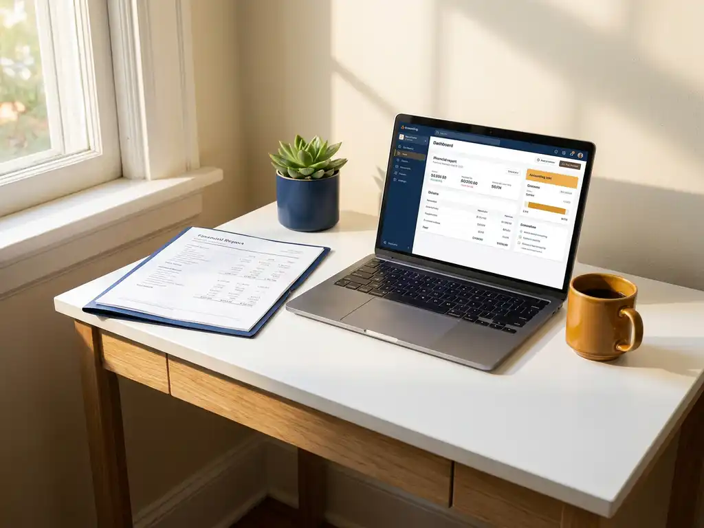 Nette thuiswerkplek met kwartaalrapport, laptop met boekhouddashboard en succulent in warm ochtendlicht.