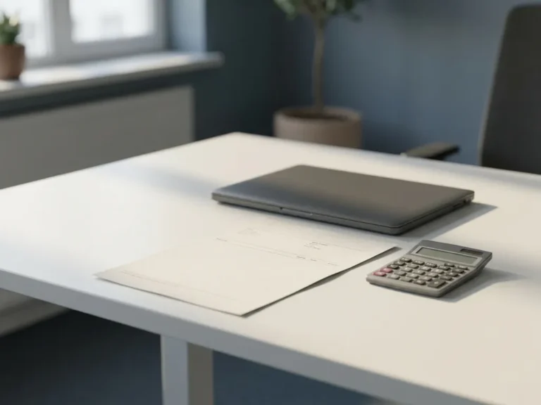 Loonstrook op wit bureau naast laptop en rekenmachine, zacht natuurlijk licht, kantooromgeving van een Nederlands mkb-bedrijf.
