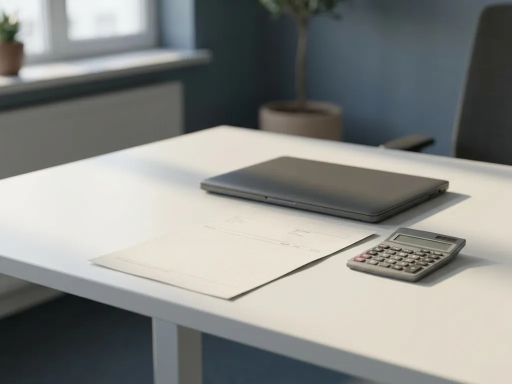Loonstrook op wit bureau naast laptop en rekenmachine, zacht natuurlijk licht, kantooromgeving van een Nederlands mkb-bedrijf.