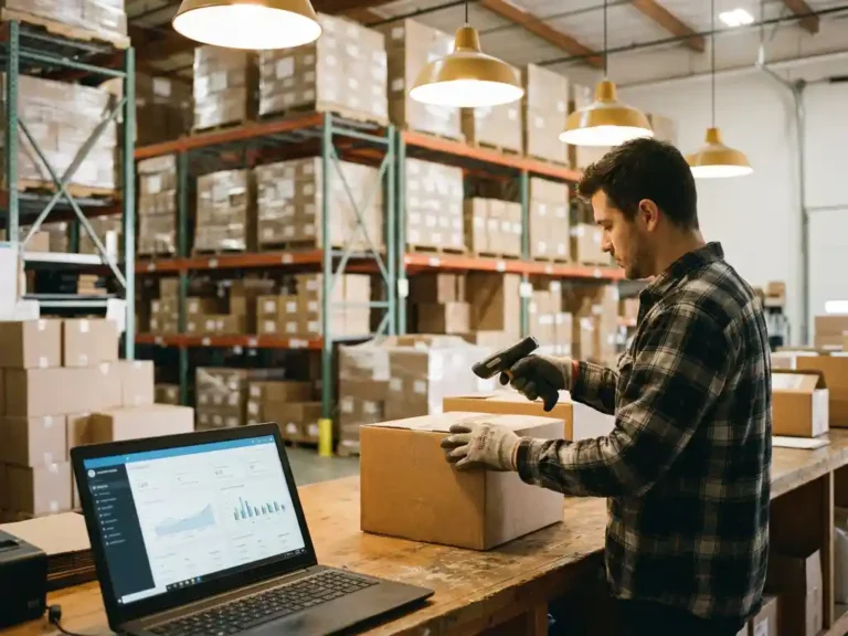 Magazijnmedewerker scant kartonnen doos op houten ontvangstbureau, met overzichtelijk voorraadbeheerdashboard op laptop op de achtergrond.