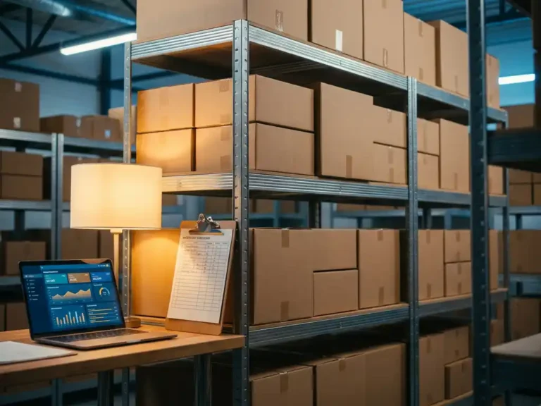 Magazijnrek met dozen naast een laptop met boekhoudingsdashboard en klembord met voorraadlijsten, warm-koel kantoorverlichting.