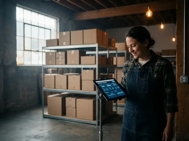 Ondernemer bekijkt live voorraadcijfers op tablet bij georganiseerde magazijnstellingen in warm natuurlijk licht.