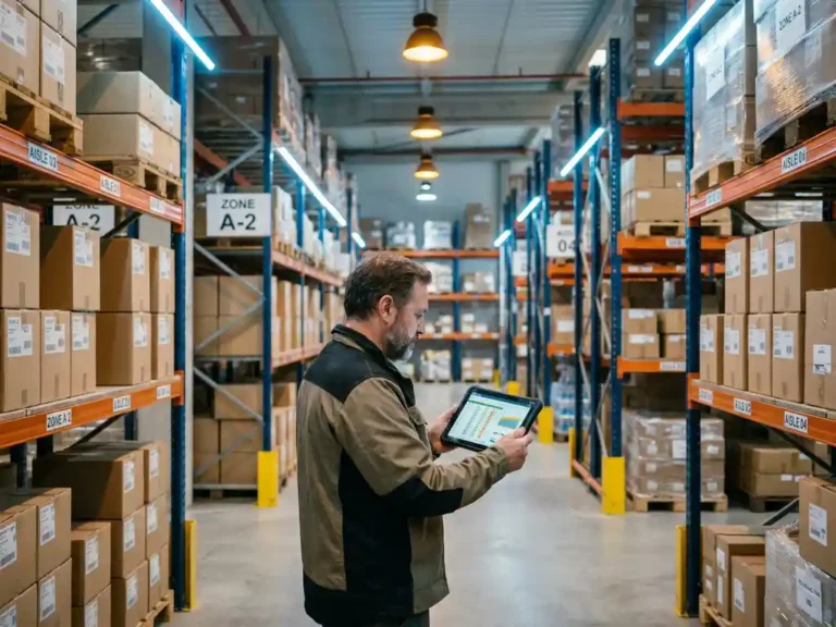 Magazijnbeheerder met tablet met voorraaddata tussen georganiseerde opslagstellingen met gelabelde vakken en gestapelde goederen.