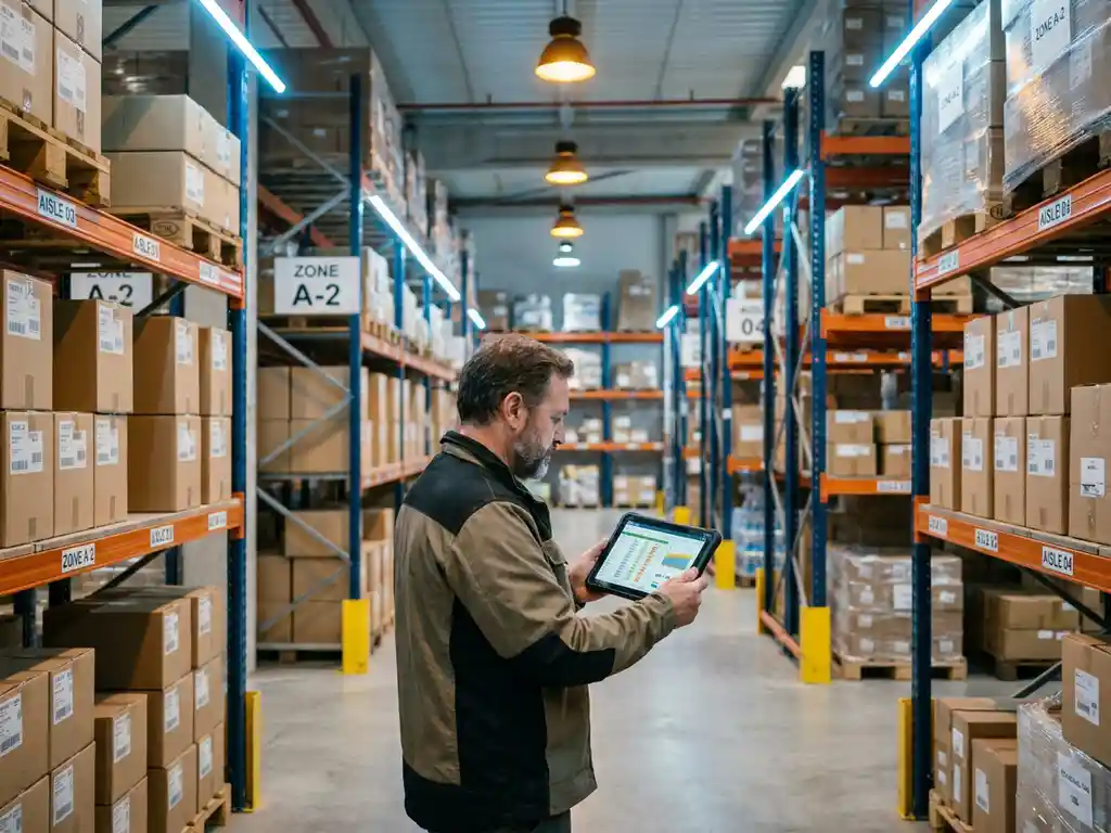 Magazijnbeheerder met tablet met voorraaddata tussen georganiseerde opslagstellingen met gelabelde vakken en gestapelde goederen.